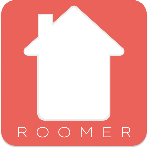 A house with chimney on the left side, against a warm
              red background. Roomer text below the house